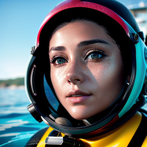 A brave woman in diving gear prepares to plunge into the vibrant, sparkling ocean, her face marked by determination and reverence for the mysteries that await her beneath the surface.